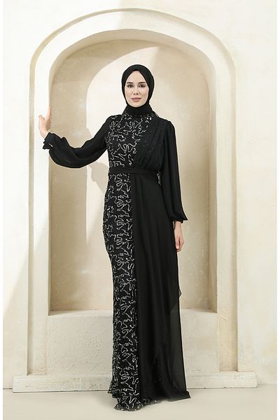 sefamerve Schwarz-silbernes Chiffon-Abendkleid mit Pailletten 5516-07