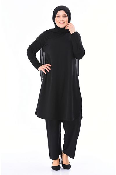 sefamerve Μαύρο Plus Size Σετ τουνίκ και παντελόνι - Λεπτομέρεια κουμπιού 2655-02