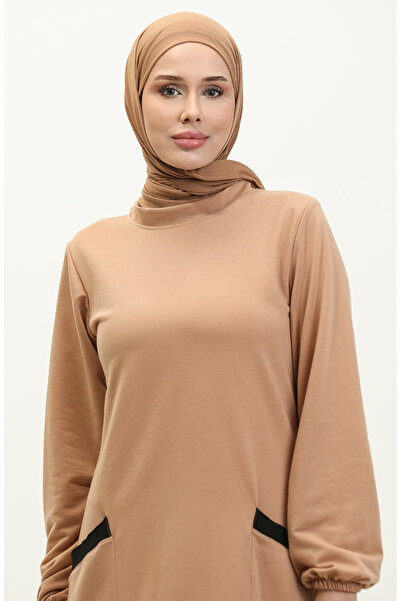 sefamerve İki İplik Cepli Elbise 0274-02 Sütlü kahve