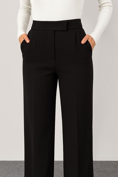 İpli Women's Black Palazzo Pants High Waist, Pockets, Velcro Closure