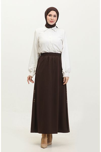 sefamerve Καφέ Φούστα 4206-04 - Plus Size, Λεπτομέρεια με Κουμπί