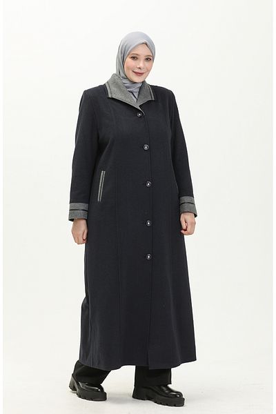 sefamerve Παλτό Navy Blue Stamp - Plus Size, Oversize με κουμπιά 0329-04