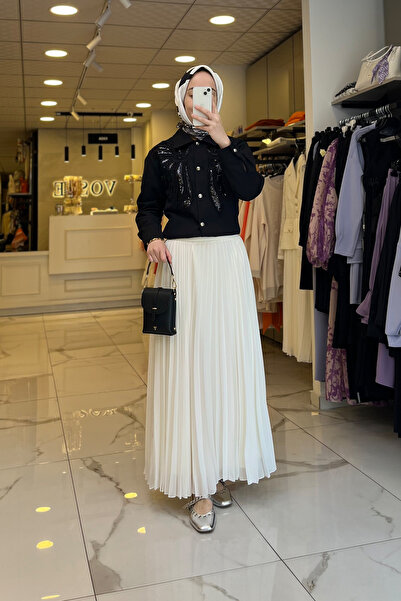 Vosse Ekol Ekru Pileli Tam Boy Astarlı Etek