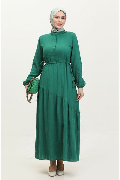 sefamerve Emerald Green Side Tie Gathered Dress - 0363-02