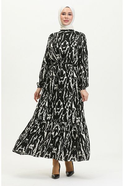 sefamerve Black Viscose Belted Patterned Dress - 0421-03