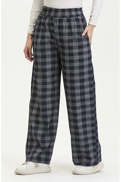 sefamerve Navy Blue Plaid Patterned Elastic Waist Jeans - 2734-02