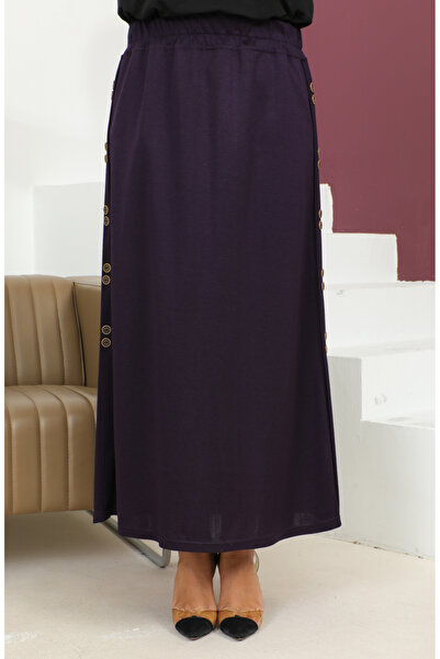 sefamerve Plus Size Plum Colored Elastic Skirt 4200-03 - Button Detailed