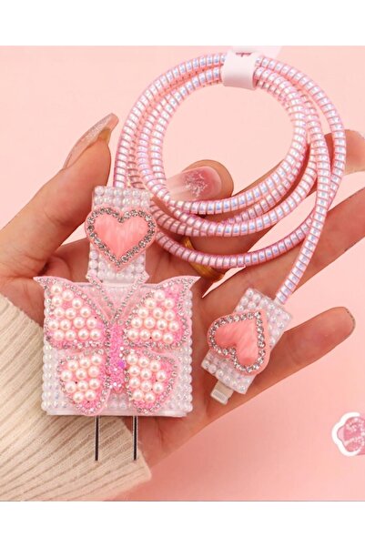 POWELL 18/20w adaptör ve kablo için boncuklu taşlı pembe kelebek kabartmalı şarj aleti kılıf seti