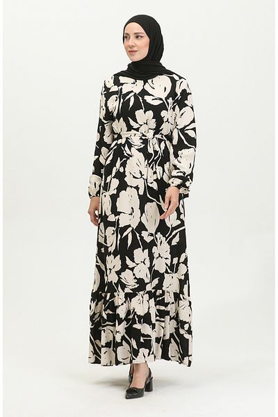 sefamerve Φόρεμα Viscose Black Floral Print - 5007-02 Cream
