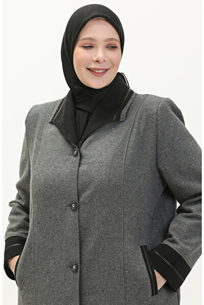 sefamerve Büyük Beden Boydan Düğmeli Kaşe Manto 0329-02 Gri