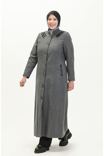 sefamerve Γκρι παλτό Stamp - Plus Size, Ολόσωμο κουμπιά, 0417-02
