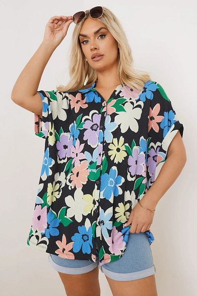Stil Diva Cămașă cu mânecă scurtă cu nasturi în față cu imprimeu floral 303964
