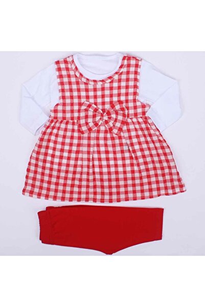 bebegen Kız Bebek Kırmızı Ekoseli Gofre 3'lü Takım