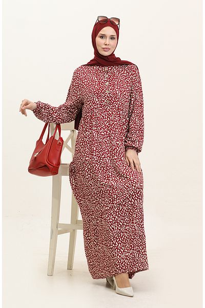 sefamerve Φόρεμα βισκόζης με μπορντό σχέδιο Plus Size - 4086-01