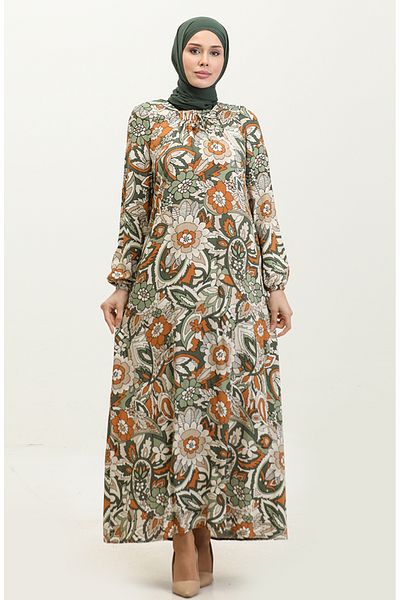 sefamerve Khaki Patterned Viscose Plus Size Dress - 44851E-04