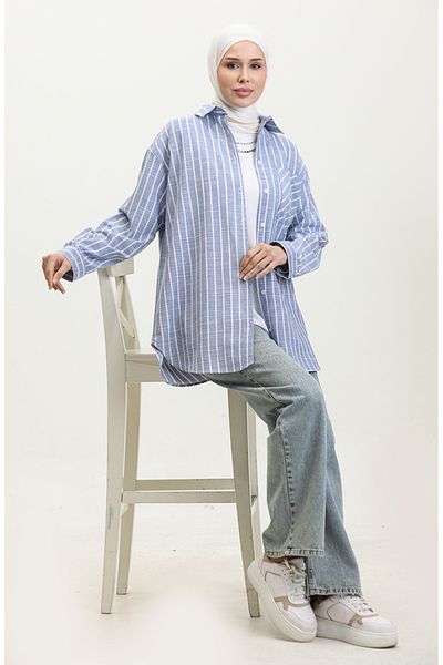 sefamerve Πουκάμισο Indigo Linen Blended ριγέ - 4819-01