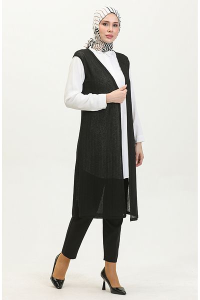 sefamerve سترة طويلة سوداء عادية - 8726-01
