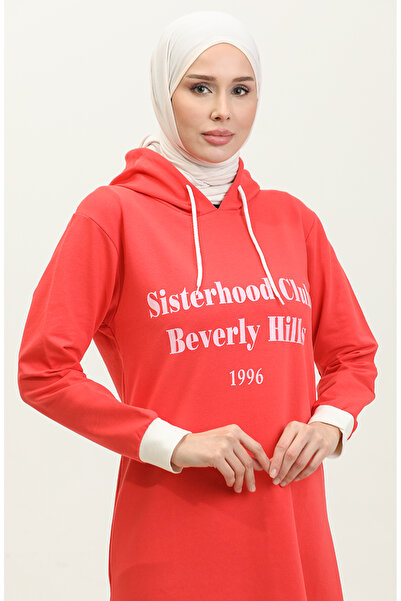 sefamerve Kapüşonlu Elbise 23108-01 Nar Çiçeği