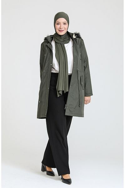 sefamerve Χακί κοντό παλτό - Plus Size, Bondit Fabric 10455-04