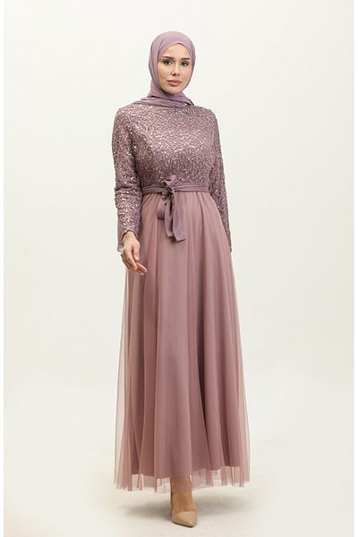 sefamerve Rochie de seară mov liliac cu dantelă și eșarfă - 5353A-21