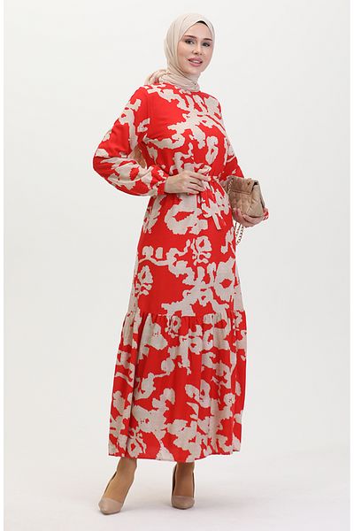 sefamerve Rotes, gemustertes Kleid mit gerafftem Saum – 0451-07