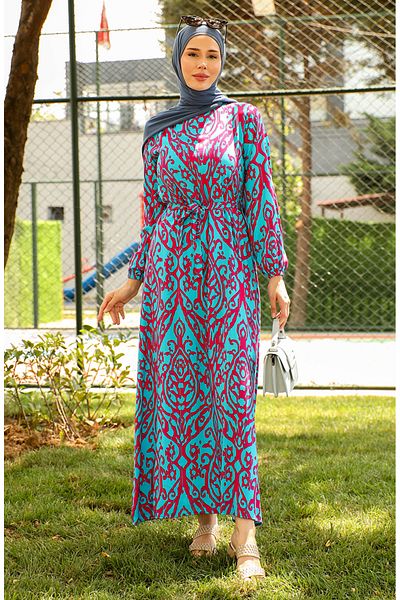 sefamerve Rochie din vascoza de culoare benzina - cu model si curea 0439-03