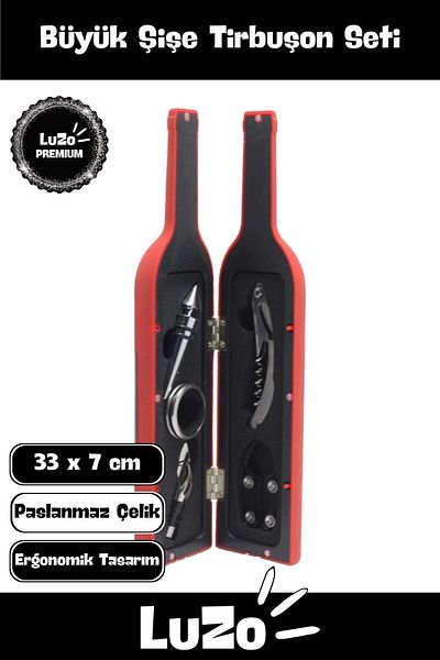 LuZo Premium Series Non-Tarnish Stainless Steel Cork Cap Wine Opener Bottle Corkscrew Set 33 X 7 cm