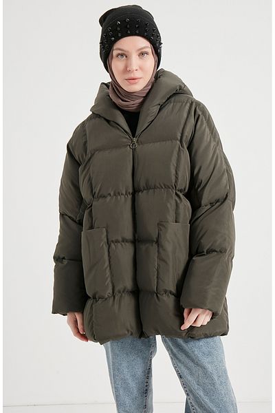 sefamerve Χακί Χρώμα Oversize Γεμιστικό Παλτό - 6054-02