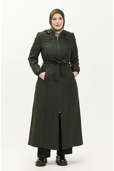 sefamerve 0478-04 Pardesiu model kaki - Plus Size, cu glugă și fermoar