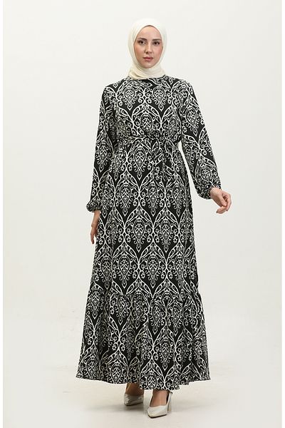 sefamerve Μαύρο εκρού φόρεμα με σχέδιο Viscose Melike - 0348-01