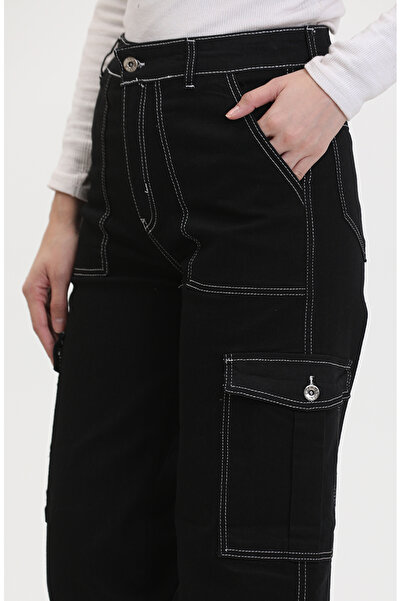 sefamerve Kargo Cep Kot Pantolon 2828-06 Siyah Beyaz