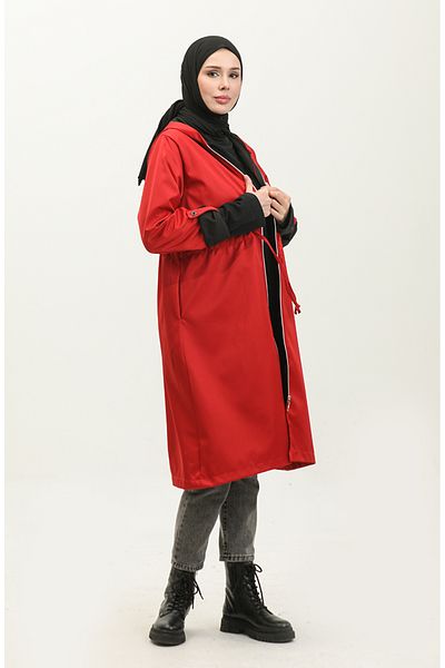 sefamerve Claret Red Raincoat - Μέση με κορδόνι και κουκούλα 0295-03