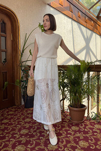 MAGARDE Φούστα Premium με Κεντήματα και Ελαστική Μέση - ΛΕΥΚΗ