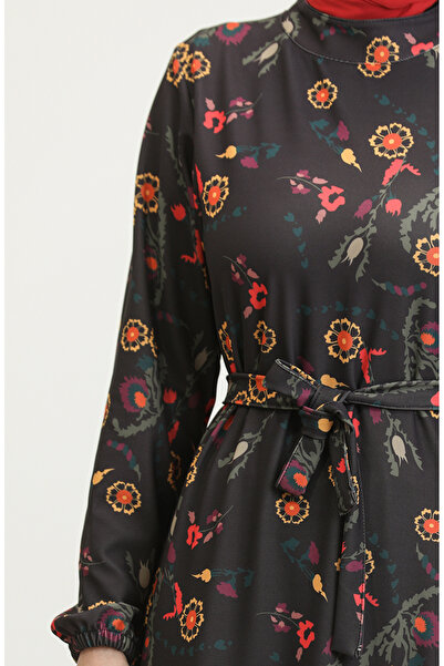 sefamerve Μαύρο Φόρεμα με Ζώνη με Σχέδιο Λουλούδι - 0365-03