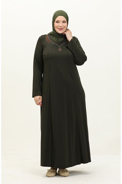 sefamerve Χακί Κεντημένο Φόρεμα Plus Size - 4950-04