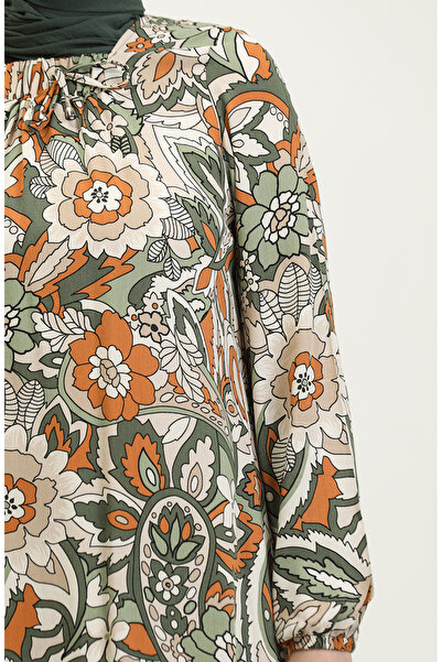 sefamerve Khaki Patterned Viscose Plus Size Dress - 44851E-04