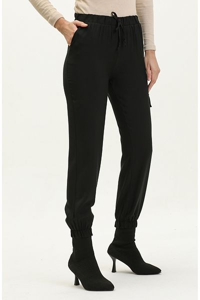 sefamerve Black Elastic Waist Cargo Pants - 1147A-02