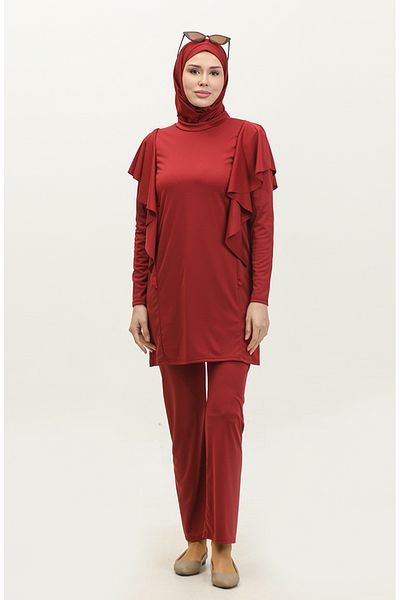 sefamerve Garnierter Hijab-Badeanzug 2225a-04 Weinrot