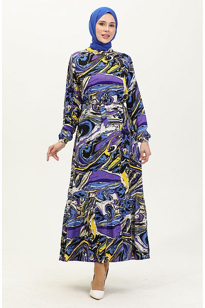 sefamerve Saks Purple Viscose φόρεμα με φύλλο και μικτό σχέδιο 0424-03