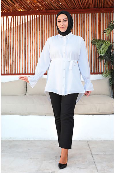 sefamerve White Large Size Belted Tunic - 2033-06