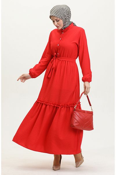 sefamerve Red Belted Ruffle Dress - Half Button 0404-01