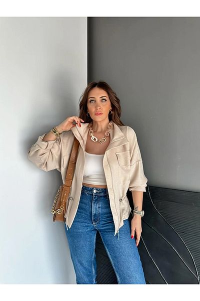 QİMYA BUTİK Qimene Women's Large Pocket Waist Drawstring Loose Collar Straight Oversize Coat