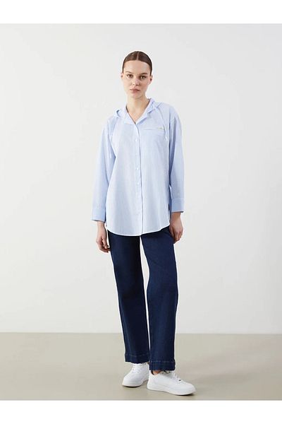 LC Waikiki LCW Modest Blue Hooded Stripes Oversize Cămașă Tunica pentru femei