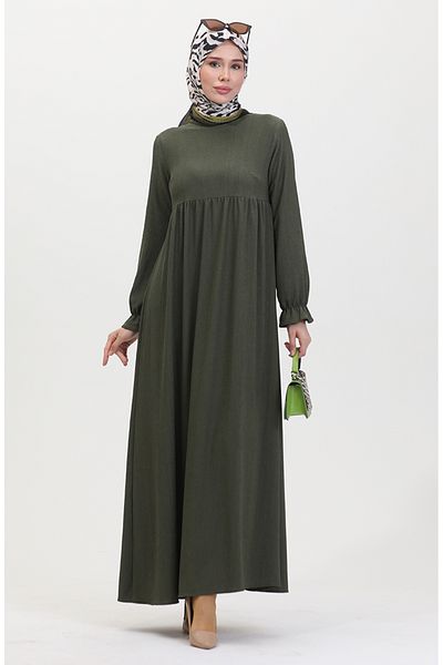 sefamerve Khakifarbenes Kleid mit Rüschenärmeln und Kordelzug – 1011-02