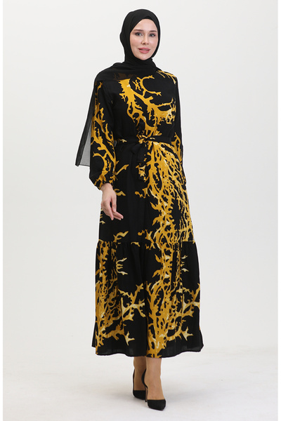 sefamerve Desenli Kuşaklı Elbise 0458-01 Siyah Hardal