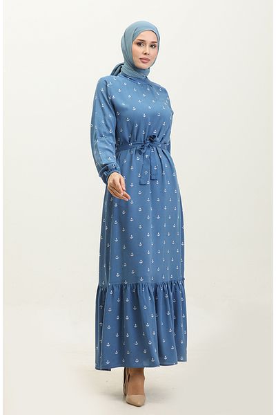 sefamerve Indigo Berra Anchor Patterned Cotton Viscose Dress - 0344-05