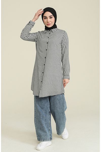 sefamerve Black and White Plaid Viscose Tunic - 6561-01