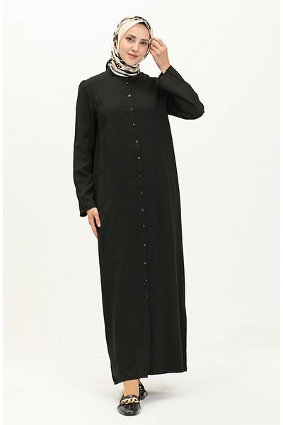 sefamerve Viskose-Kleid mit gerafften Ärmeln und Knöpfen 5109-01 Schwarz