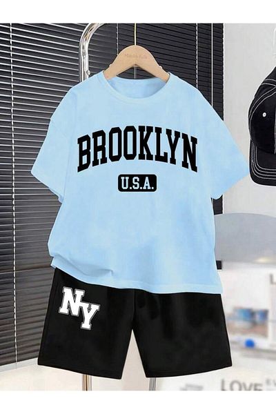 vinraus Set de tricou pentru fetiță/băiat, albastru-negru, Brooklyn NY, din bumbac pieptănat cu imprimeu