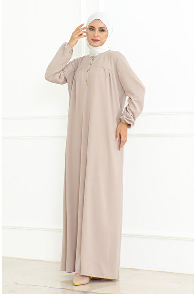 sefamerve Mink Colored Buttoned Dress with Elastic Sleeves - 3031-06